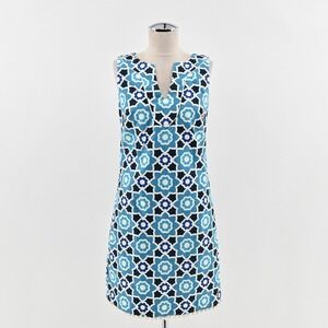 Trina Turk Moroccan Print Shift Dress Size 2 Blue Floral Sleeveless Pom Pom Trim